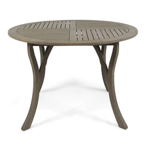 English Elm Outdoor Acacia Wood Round Dining Table Curved Legs Slatted Top Seats Six N770P396234G