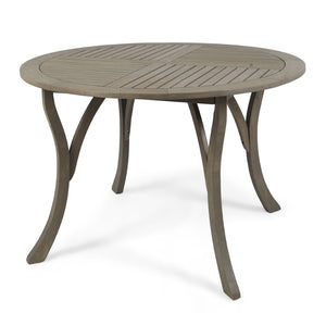 English Elm Outdoor Acacia Wood Round Dining Table Curved Legs Slatted Top Seats Six N770P396234G