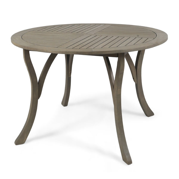 English Elm Outdoor Acacia Wood Round Dining Table Curved Legs Slatted Top Seats Six N770P396234G