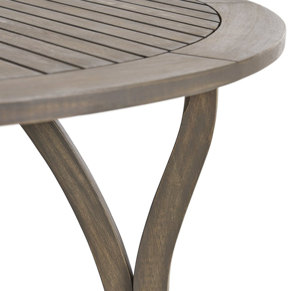 English Elm Outdoor Acacia Wood Round Dining Table Curved Legs Slatted Top Seats Six N770P396234G