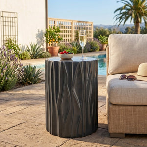 English Elm Black Wave Sculpted MGO Cylindrical Side Table Indoor Outdoor Accent Stool Black N770P396701B