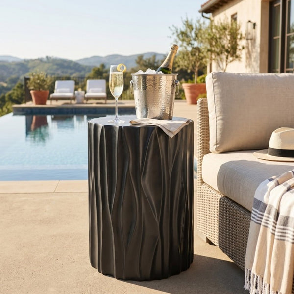 English Elm Black Wave Sculpted MGO Cylindrical Side Table Indoor Outdoor Accent Stool Black N770P396701B