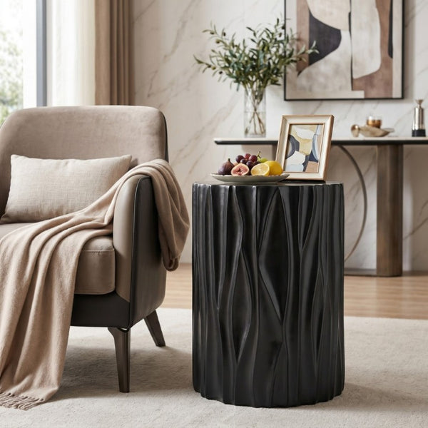 English Elm Black Wave Sculpted MGO Cylindrical Side Table Indoor Outdoor Accent Stool Black N770P396701B