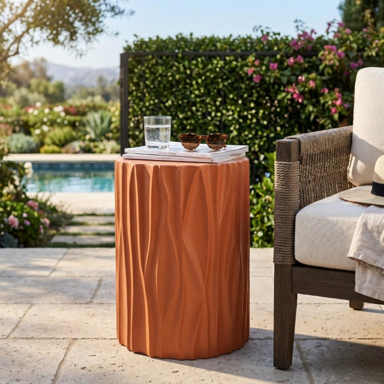 English Elm Black Wave Sculpted MGO Cylindrical Side Table Indoor Outdoor Accent Stool Terracotta N770P396701O