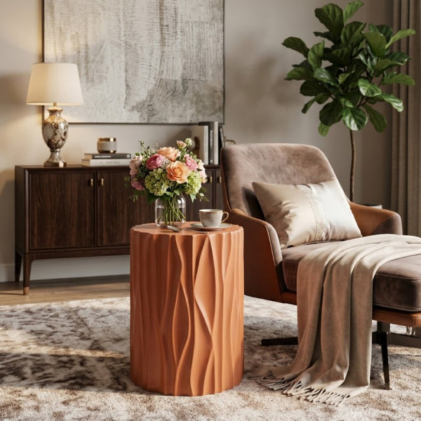 English Elm Black Wave Sculpted MGO Cylindrical Side Table Indoor Outdoor Accent Stool Terracotta N770P396701O