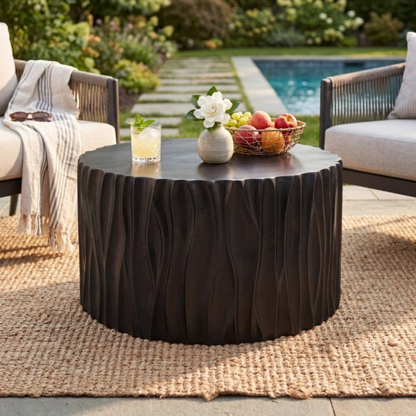 English Elm Black MGO Cylindrical Side Table Wave Carved Matte Finish for Patio or Living Room Black N770P399980B