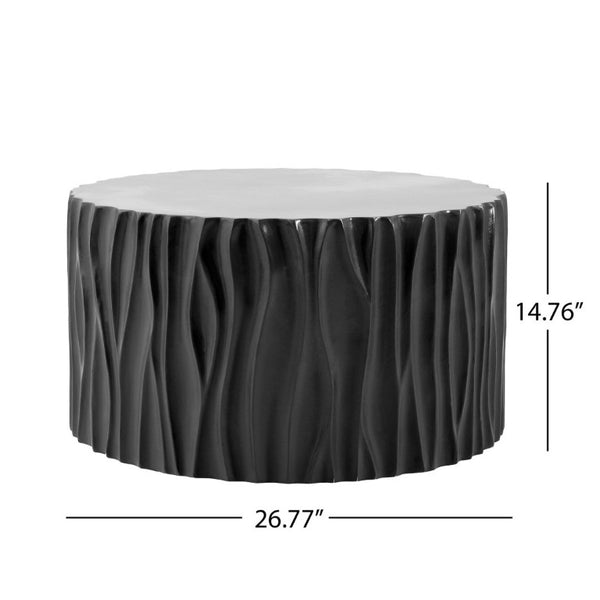English Elm Black MGO Cylindrical Side Table Wave Carved Matte Finish for Patio or Living Room Black N770P399980B
