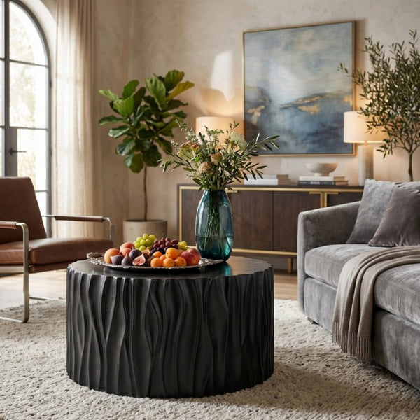 English Elm Black MGO Cylindrical Side Table Wave Carved Matte Finish for Patio or Living Room Black N770P399980B