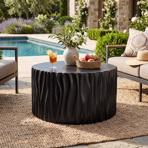 English Elm Black MGO Cylindrical Side Table Wave Carved Matte Finish for Patio or Living Room Black N770P399980B