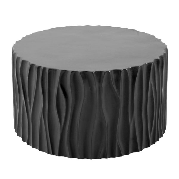 English Elm Black MGO Cylindrical Side Table Wave Carved Matte Finish for Patio or Living Room Black N770P399980B