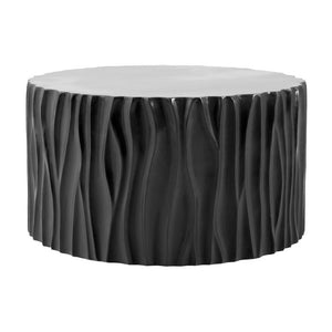 English Elm Black MGO Cylindrical Side Table Wave Carved Matte Finish for Patio or Living Room Black N770P399980B