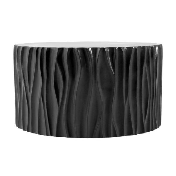 English Elm Black MGO Cylindrical Side Table Wave Carved Matte Finish for Patio or Living Room Black N770P399980B