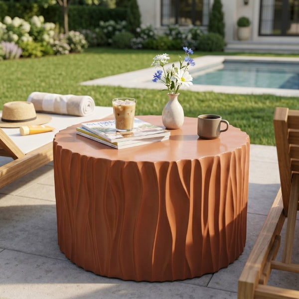 English Elm Black MGO Cylindrical Side Table Wave Carved Matte Finish for Patio or Living Room Terracotta N770P399980O