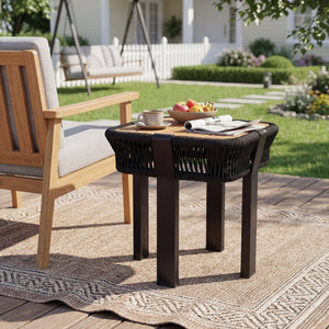 English Elm Teak Finish Acacia Wood Square Patio Side Table with Rope Wrapped Metal Frame Outdoor Black, Teak N770P409250A