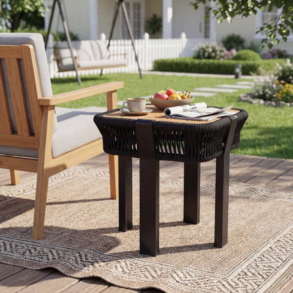 English Elm Teak Finish Acacia Wood Square Patio Side Table with Rope Wrapped Metal Frame Outdoor Black, Teak N770P409250A