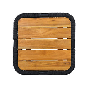 English Elm Teak Finish Acacia Wood Square Patio Side Table with Rope Wrapped Metal Frame Outdoor Black, Teak N770P409250A