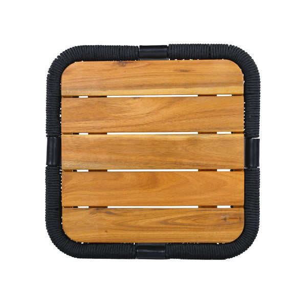 English Elm Teak Finish Acacia Wood Square Patio Side Table with Rope Wrapped Metal Frame Outdoor Black, Teak N770P409250A