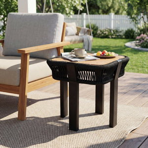 English Elm Teak Finish Acacia Wood Square Patio Side Table with Rope Wrapped Metal Frame Outdoor Black, Teak N770P409250A