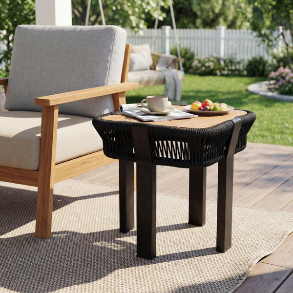 English Elm Teak Finish Acacia Wood Square Patio Side Table with Rope Wrapped Metal Frame Outdoor Black, Teak N770P409250A