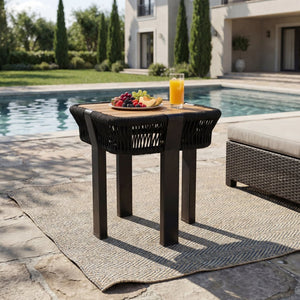 English Elm Teak Finish Acacia Wood Square Patio Side Table with Rope Wrapped Metal Frame Outdoor Black, Teak N770P409250A