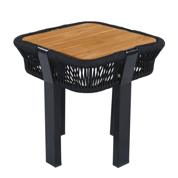 English Elm Teak Finish Acacia Wood Square Patio Side Table with Rope Wrapped Metal Frame Outdoor Black, Teak N770P409250A