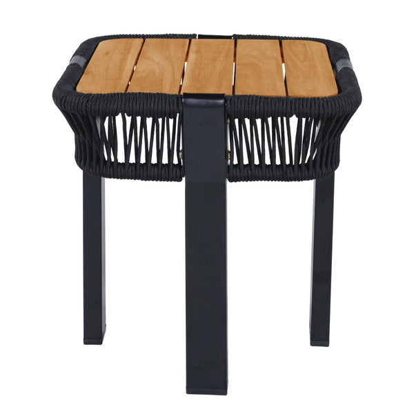English Elm Teak Finish Acacia Wood Square Patio Side Table with Rope Wrapped Metal Frame Outdoor Black, Teak N770P409250A