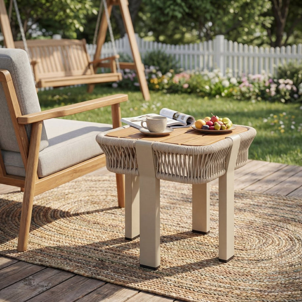 English Elm Teak Finish Acacia Wood Square Patio Side Table with Rope Wrapped Metal Frame Outdoor Beige, Natural, Teak N770P409250B