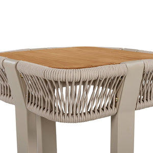 English Elm Teak Finish Acacia Wood Square Patio Side Table with Rope Wrapped Metal Frame Outdoor Beige, Natural, Teak N770P409250B