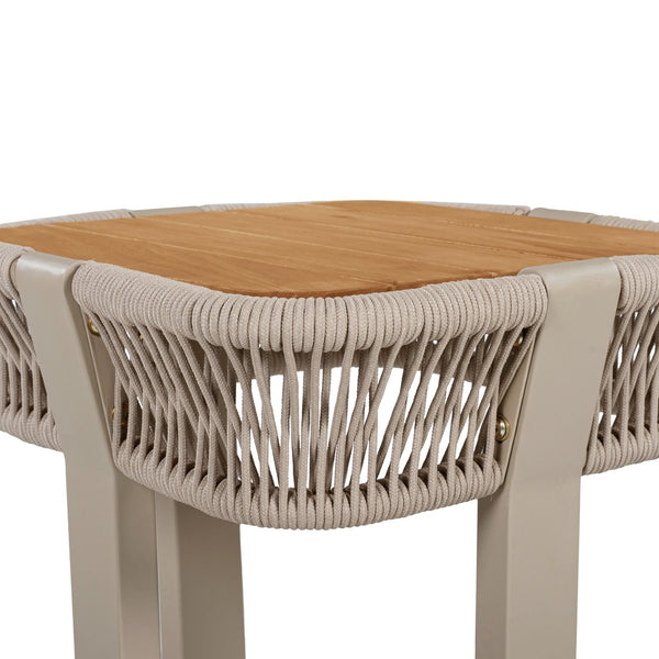 English Elm Teak Finish Acacia Wood Square Patio Side Table with Rope Wrapped Metal Frame Outdoor Beige, Natural, Teak N770P409250B