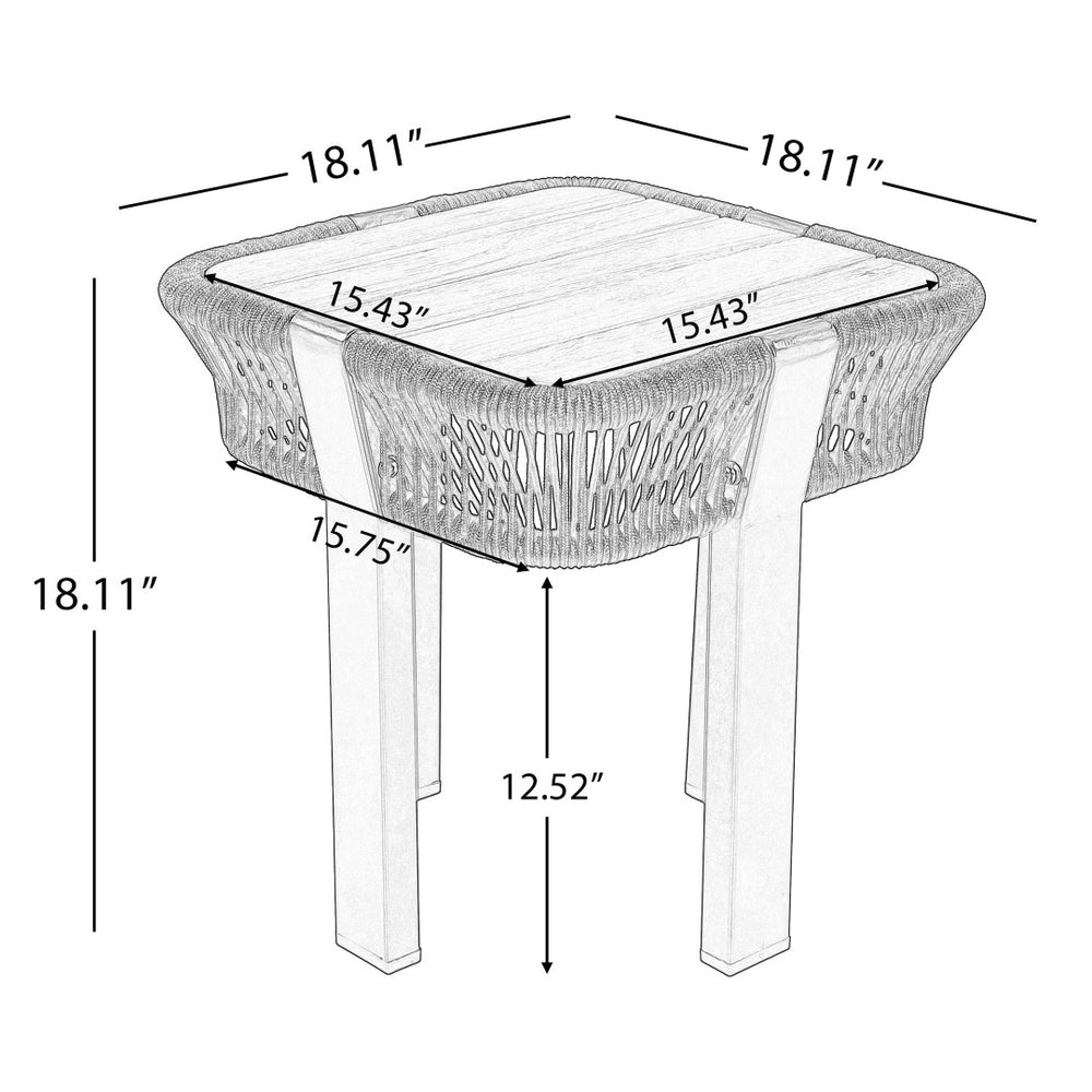 English Elm Teak Finish Acacia Wood Square Patio Side Table with Rope Wrapped Metal Frame Outdoor Beige, Natural, Teak N770P409250B