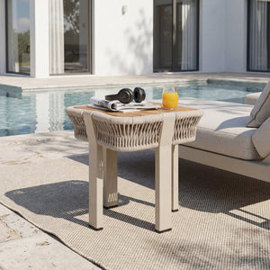 English Elm Teak Finish Acacia Wood Square Patio Side Table with Rope Wrapped Metal Frame Outdoor Beige, Natural, Teak N770P409250B