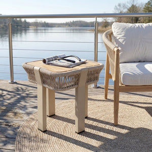 English Elm Teak Finish Acacia Wood Square Patio Side Table with Rope Wrapped Metal Frame Outdoor Beige, Natural, Teak N770P409250B