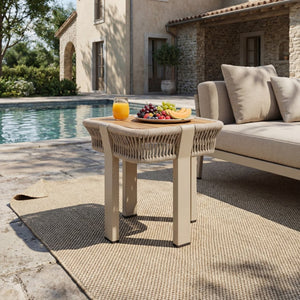 English Elm Teak Finish Acacia Wood Square Patio Side Table with Rope Wrapped Metal Frame Outdoor Beige, Natural, Teak N770P409250B