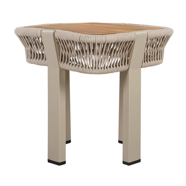 English Elm Teak Finish Acacia Wood Square Patio Side Table with Rope Wrapped Metal Frame Outdoor Beige, Natural, Teak N770P409250B