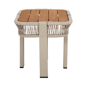 English Elm Teak Finish Acacia Wood Square Patio Side Table with Rope Wrapped Metal Frame Outdoor Beige, Natural, Teak N770P409250B