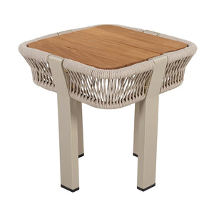 English Elm Teak Finish Acacia Wood Square Patio Side Table with Rope Wrapped Metal Frame Outdoor Beige, Natural, Teak N770P409250B