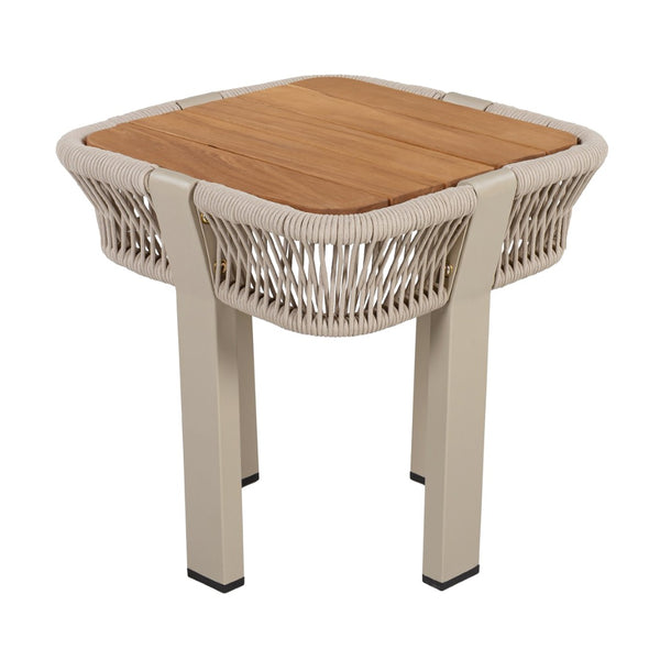English Elm Teak Finish Acacia Wood Square Patio Side Table with Rope Wrapped Metal Frame Outdoor Beige, Natural, Teak N770P409250B