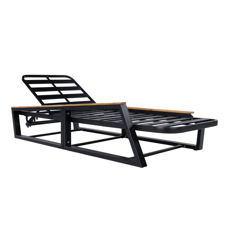 English Elm Adjustable Outdoor Chaise Lounge with Acacia Armrests and Black Iron Frame for Poolside 69.41 x 31.97 x 29.53 inches N770P409251A