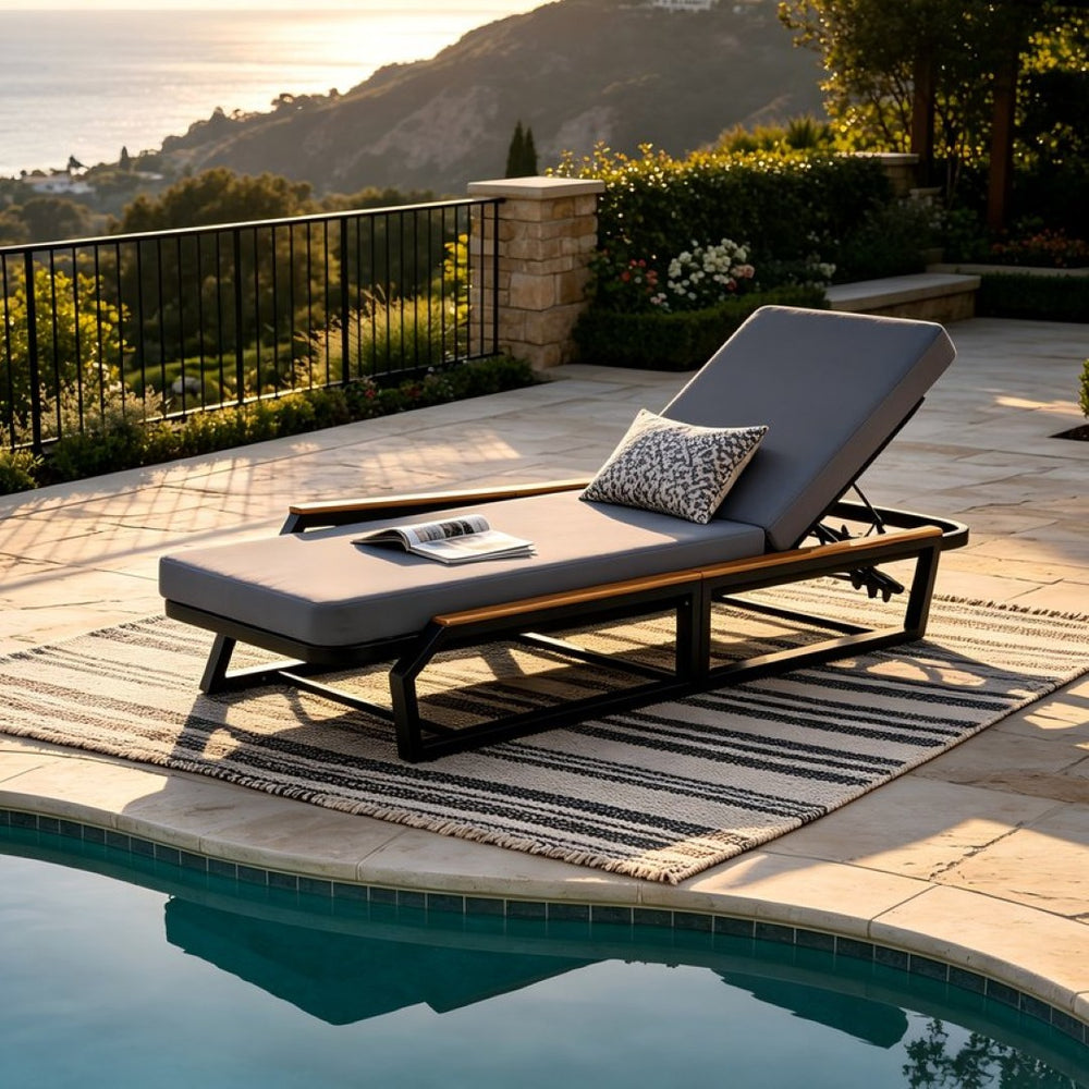 English Elm Adjustable Reclining Outdoor Chaise Lounge Acacia Teak Armrests Iron Frame Pool Patio N770P409251A_N770P422978D