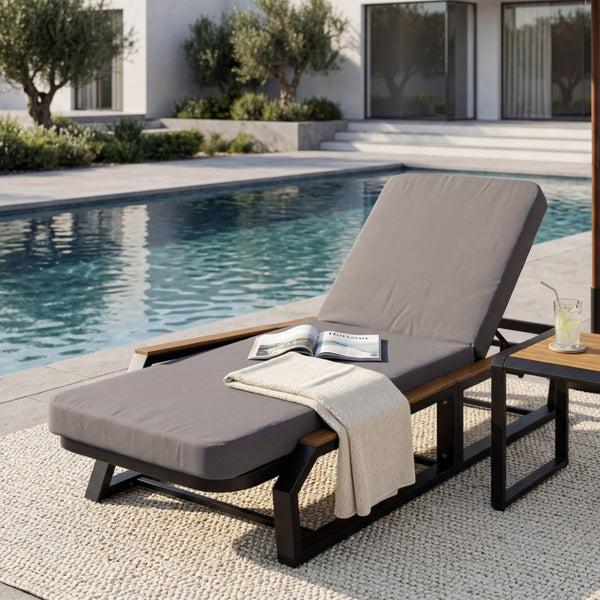 English Elm Adjustable Reclining Outdoor Chaise Lounge Acacia Teak Armrests Iron Frame Pool Patio N770P409251A_N770P422978D