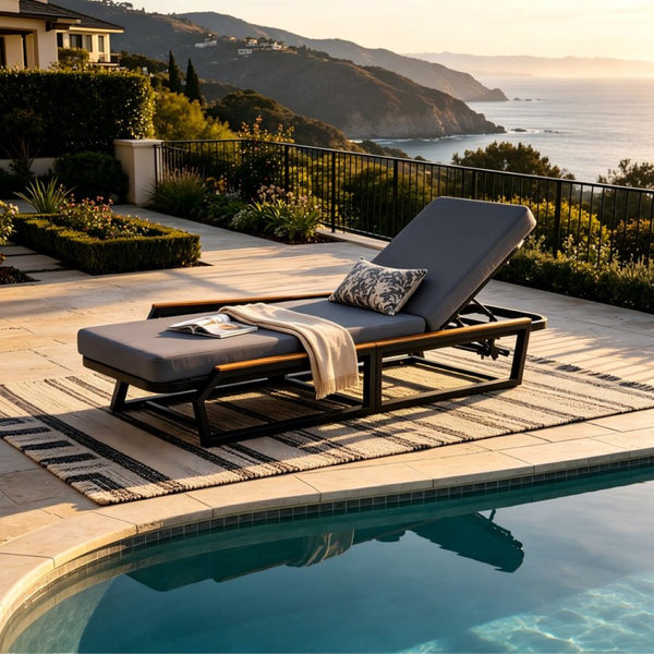 English Elm Adjustable Reclining Outdoor Chaise Lounge Acacia Teak Armrests Iron Frame Pool Patio N770P409251A_N770P422978D