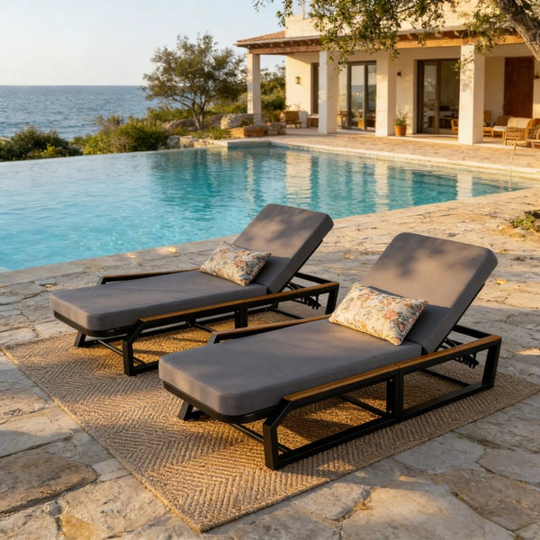 English Elm Adjustable Reclining Outdoor Chaise Lounge Acacia Teak Armrests Iron Frame Pool Patio N770P409251A_N770P422978D