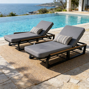 English Elm Adjustable Reclining Outdoor Chaise Lounge Acacia Teak Armrests Iron Frame Pool Patio N770P409251A_N770P422978D