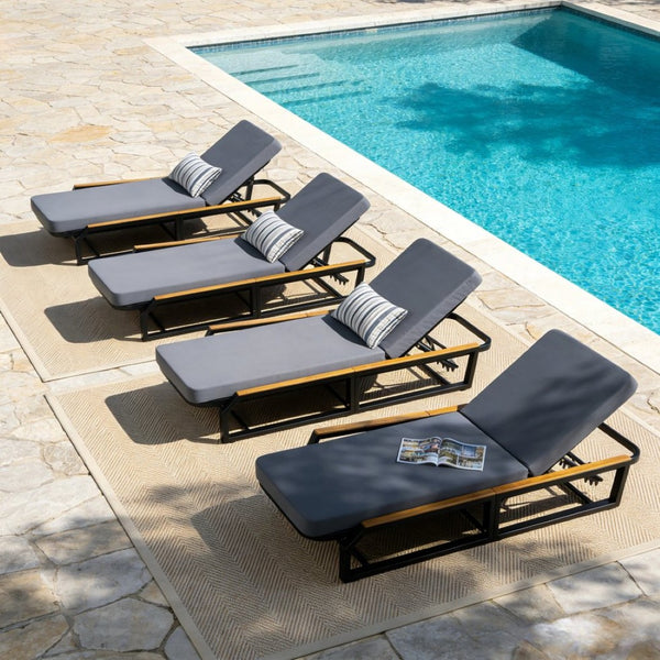 English Elm Adjustable Reclining Outdoor Chaise Lounge Acacia Teak Armrests Iron Frame Pool Patio N770P409251A_N770P422978D