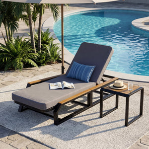English Elm 3-Piece Outdoor Chaise Lounge Set Acacia Teak Iron Frame Reclining Patio Lounger N770P409251A_N770P422978D_N770P409252A