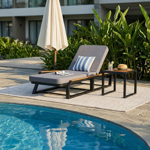English Elm 3-Piece Outdoor Chaise Lounge Set Acacia Teak Iron Frame Reclining Patio Lounger N770P409251A_N770P422978D_N770P409252A