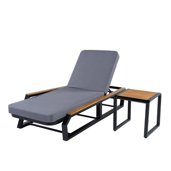 English Elm 3-Piece Outdoor Chaise Lounge Set Acacia Teak Iron Frame Reclining Patio Lounger N770P409251A_N770P422978D_N770P409252A