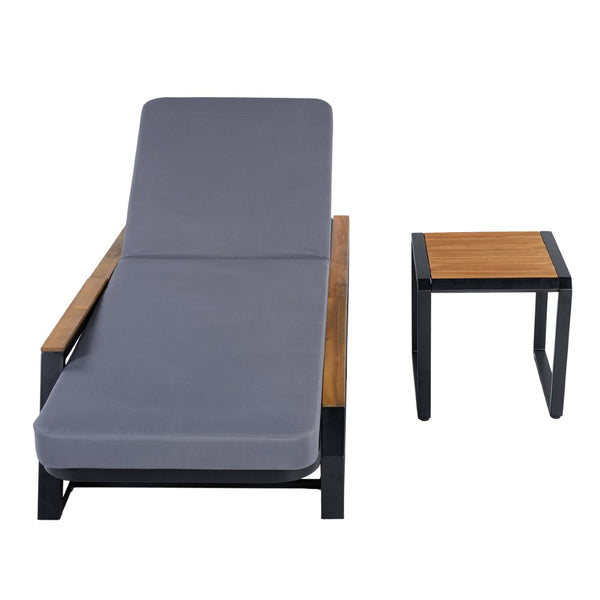 English Elm 3-Piece Outdoor Chaise Lounge Set Acacia Teak Iron Frame Reclining Patio Lounger N770P409251A_N770P422978D_N770P409252A