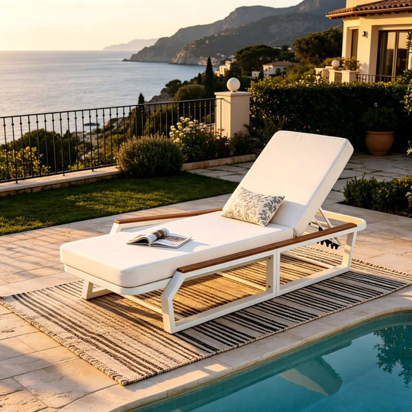 English Elm Adjustable Outdoor Chaise Lounge Iron Frame Acacia Wood Armrests Poolside Recliner N770P409251W_N770P422978C