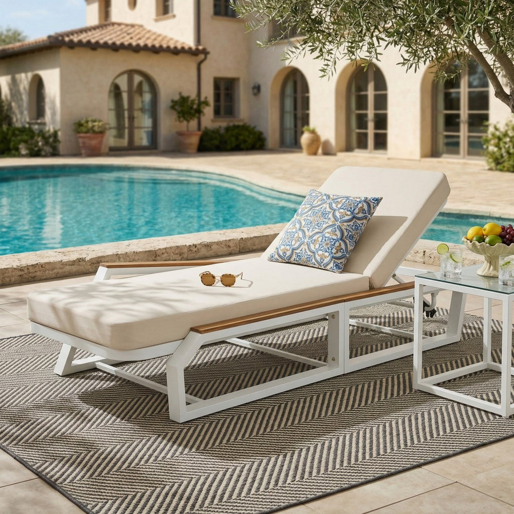 English Elm Adjustable Outdoor Chaise Lounge Iron Frame Acacia Wood Armrests Poolside Recliner N770P409251W_N770P422978C